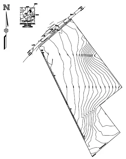 Black and white site plan showing property boundaries, a north arrow, and contour lines indicating elevation changes.
