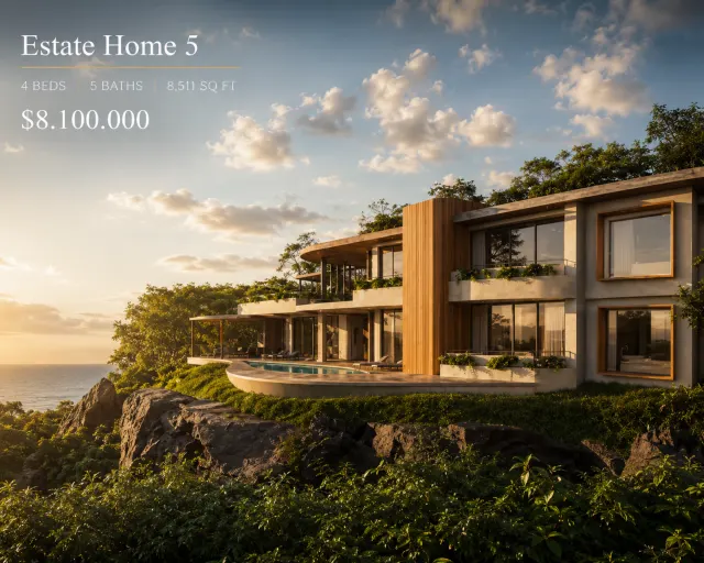 Modern multi-level house with glass walls, balconies, a curved swimming pool, and a sea view at sunset.