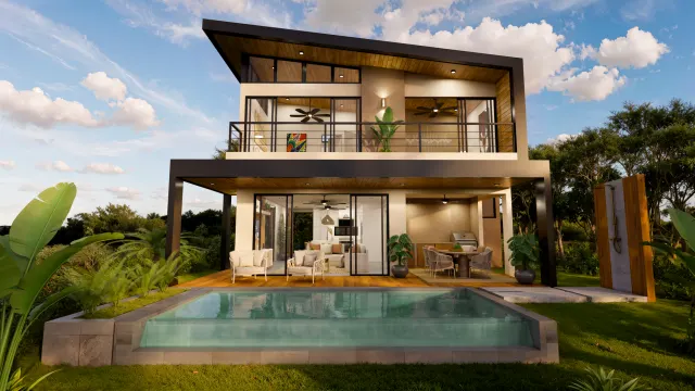 Modern two-story house exterior featuring a swimming pool, a wooden deck, a second-floor balcony, and an outdoor dining area.