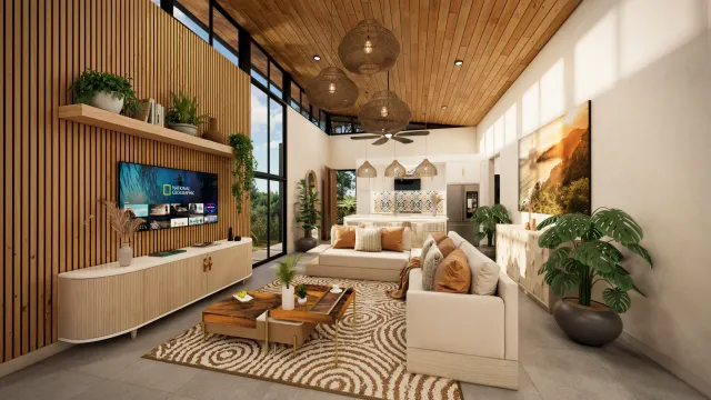Living room featuring a slatted wood accent wall, television, two beige sofas, and a kitchen visible in the background beneath a wood ceiling.