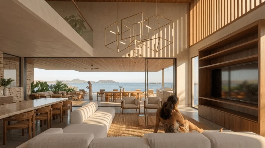 Open-plan living space at Cantomar opening to a terrace and the Pacific beyond