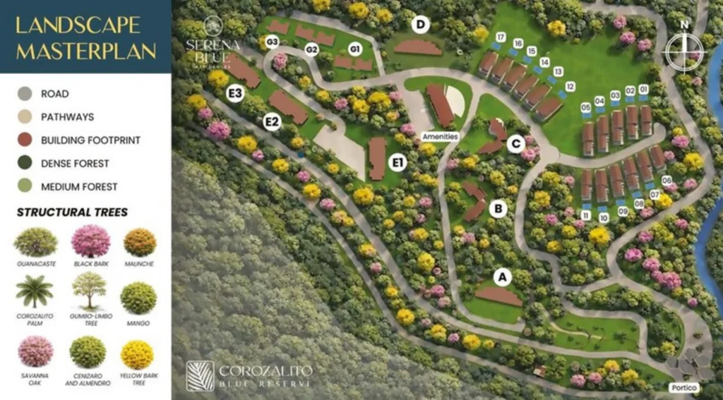 Landscape master plan of Corozalito Blue Reserve with a legend for roads, pathways, building footprints, dense forest, medium forest and structural trees