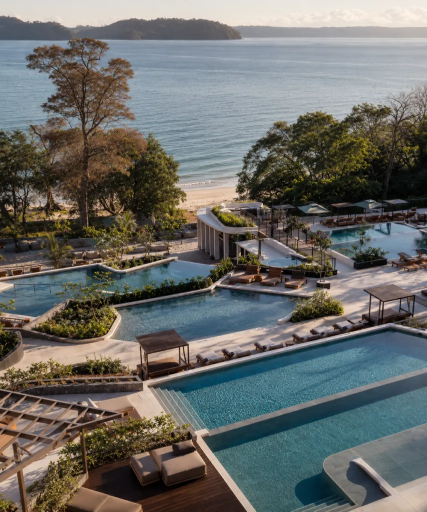 Tiered pool terraces stepping down toward the beach on the Gulf of Papagayo