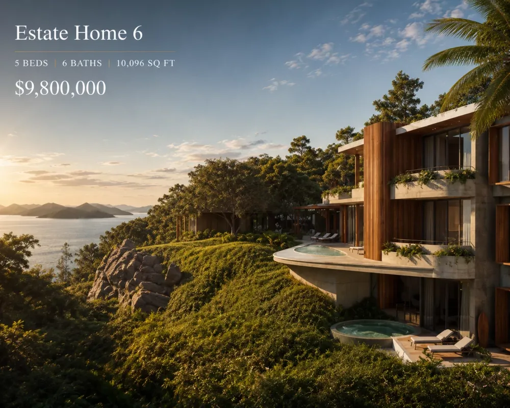 Architect's render of Estate Home 6 overlooking the gulf, with a plunge pool and sunlit terraces